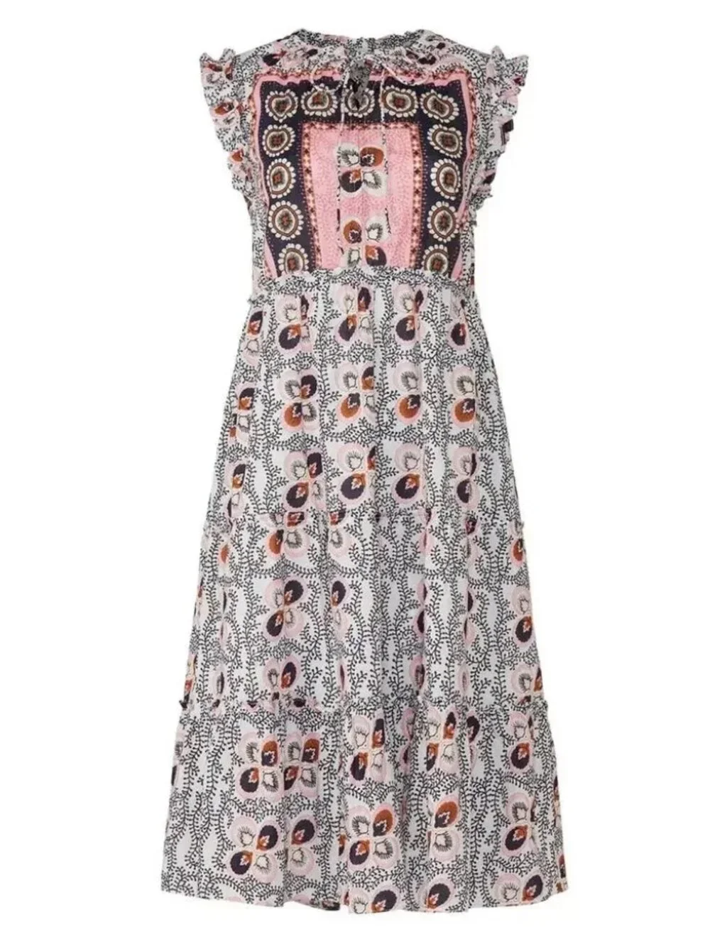 FIGUE Clara Tiered Midi Dress in Water Lily Brown Flowy Boho Sleeveless Shift LG